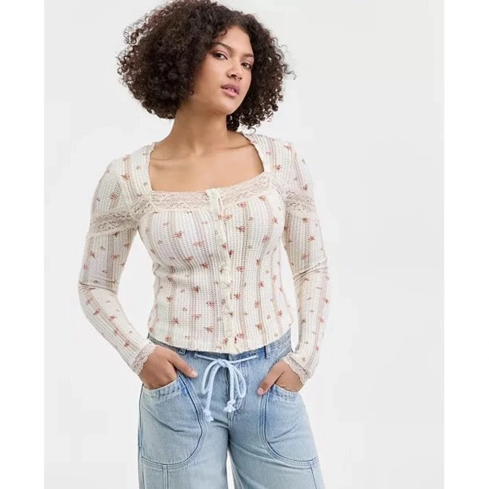 Free People Lets Party Floral Lace Trim Cotton Waffle Knit Cardi Top Cream XS